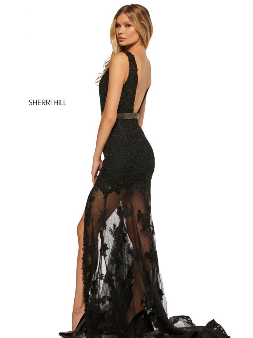 Sherri Hill Black Lace Backless Evening Gown with Beaded Waist